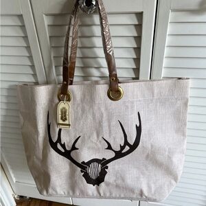 NWT Mud Pie Stag Horn Jute/Burlap Tan Tote Bag w/Leather Straps. 21”x14”x7”